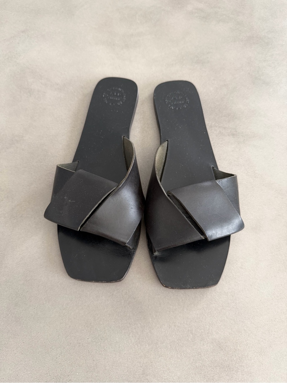 Black Leather Twist Slide Sandals